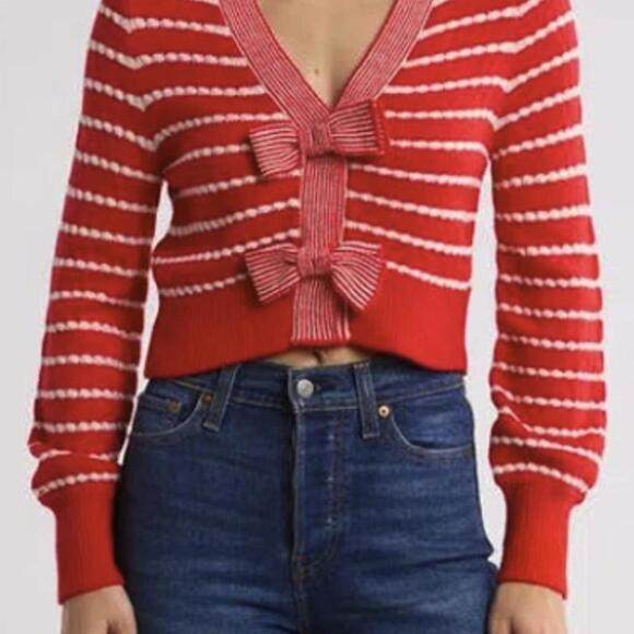 VIGOSS Red and White Stripe Textured Bow Crop Cardigan Sweater - Size - Large